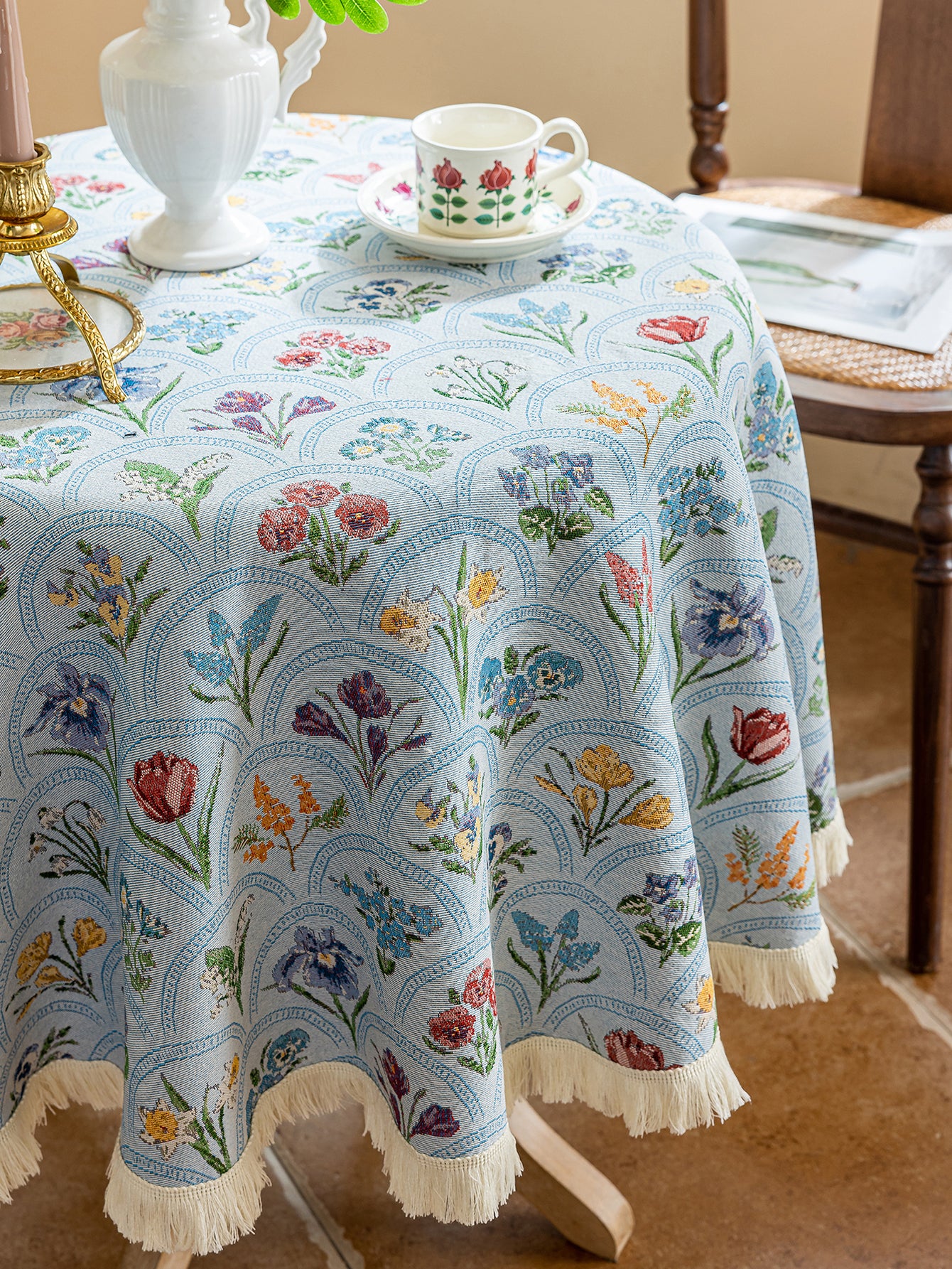 LaLuna Home Round Thousand Blooms Jacquard Tablecloth with Tassels - Blue