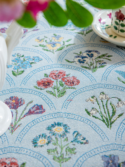 LaLuna Home Round Thousand Blooms Jacquard Tablecloth with Tassels - Blue