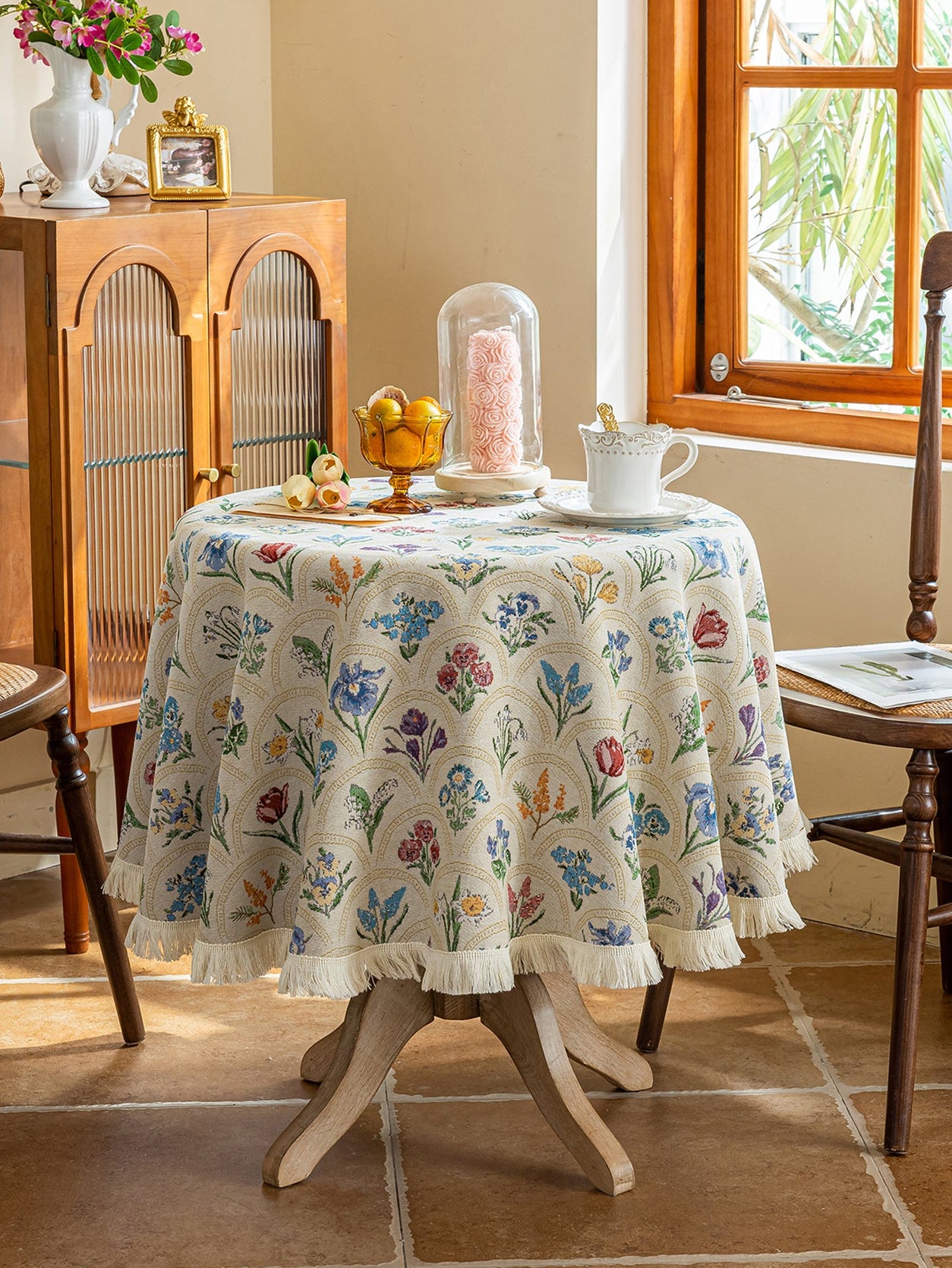 LaLuna Home Round Thousand Blooms Jacquard Tablecloth with Tassels - Beige