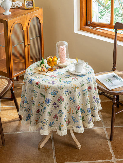 LaLuna Home Round Thousand Blooms Jacquard Tablecloth with Tassels - Beige