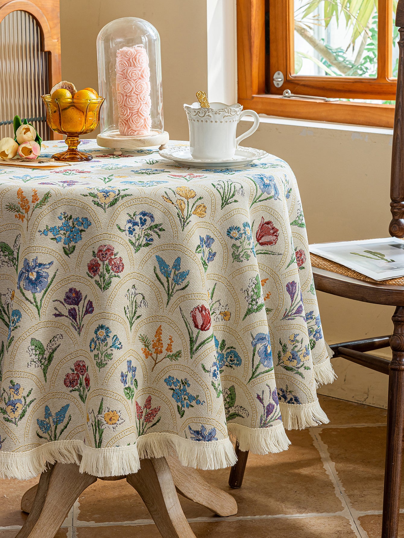 LaLuna Home Round Thousand Blooms Jacquard Tablecloth with Tassels - Beige