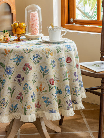 LaLuna Home Round Thousand Blooms Jacquard Tablecloth with Tassels - Beige