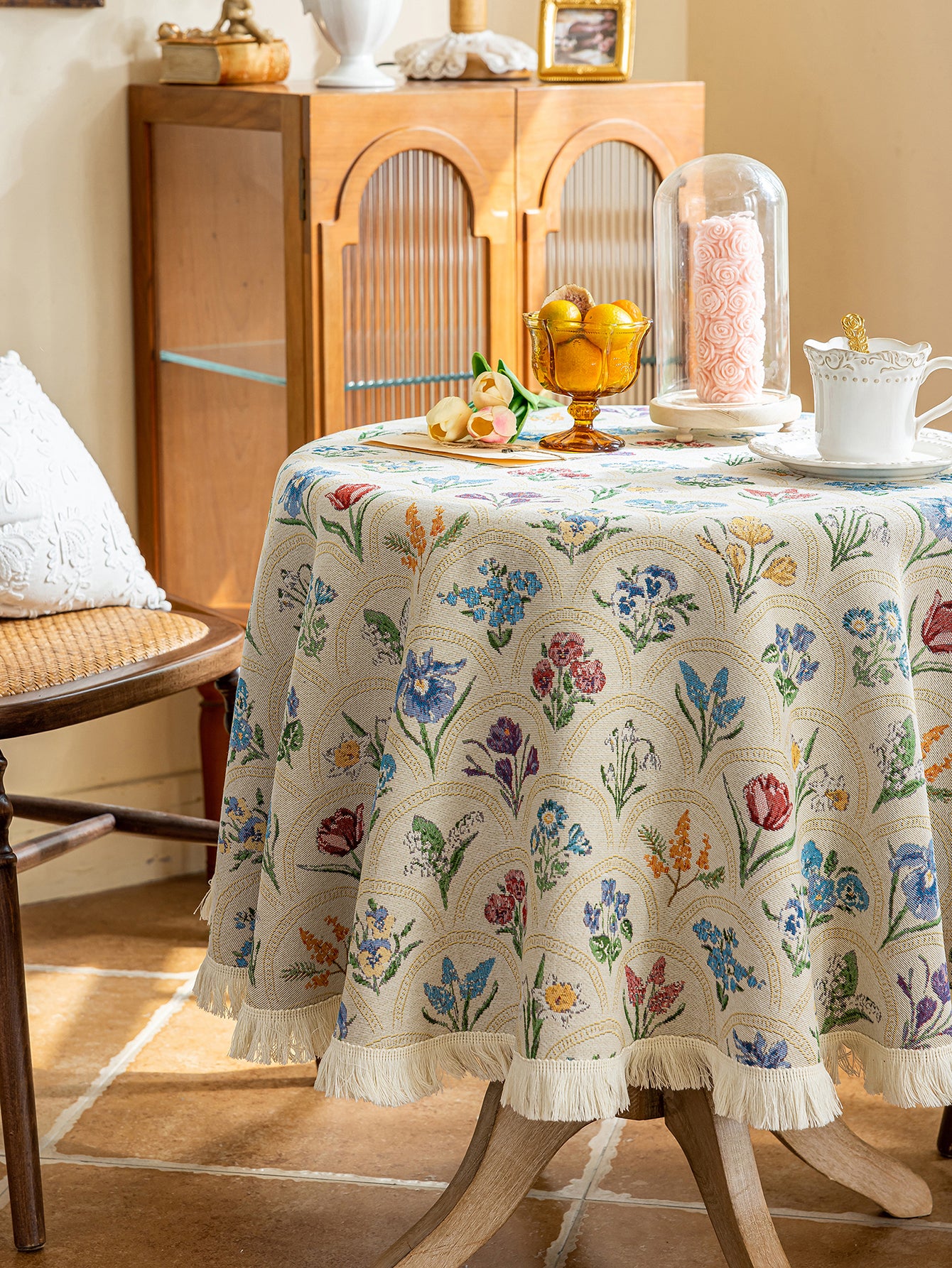 LaLuna Home Round Thousand Blooms Jacquard Tablecloth with Tassels - Beige