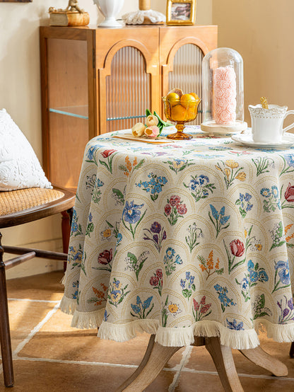 LaLuna Home Round Thousand Blooms Jacquard Tablecloth with Tassels - Beige