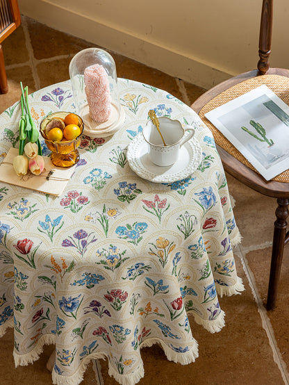 LaLuna Home Round Thousand Blooms Jacquard Tablecloth with Tassels - Beige