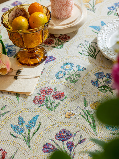 LaLuna Home Round Thousand Blooms Jacquard Tablecloth with Tassels - Beige