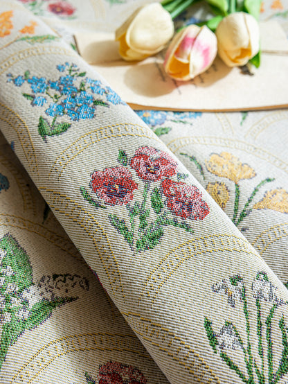 LaLuna Home Round Thousand Blooms Jacquard Tablecloth with Tassels - Beige