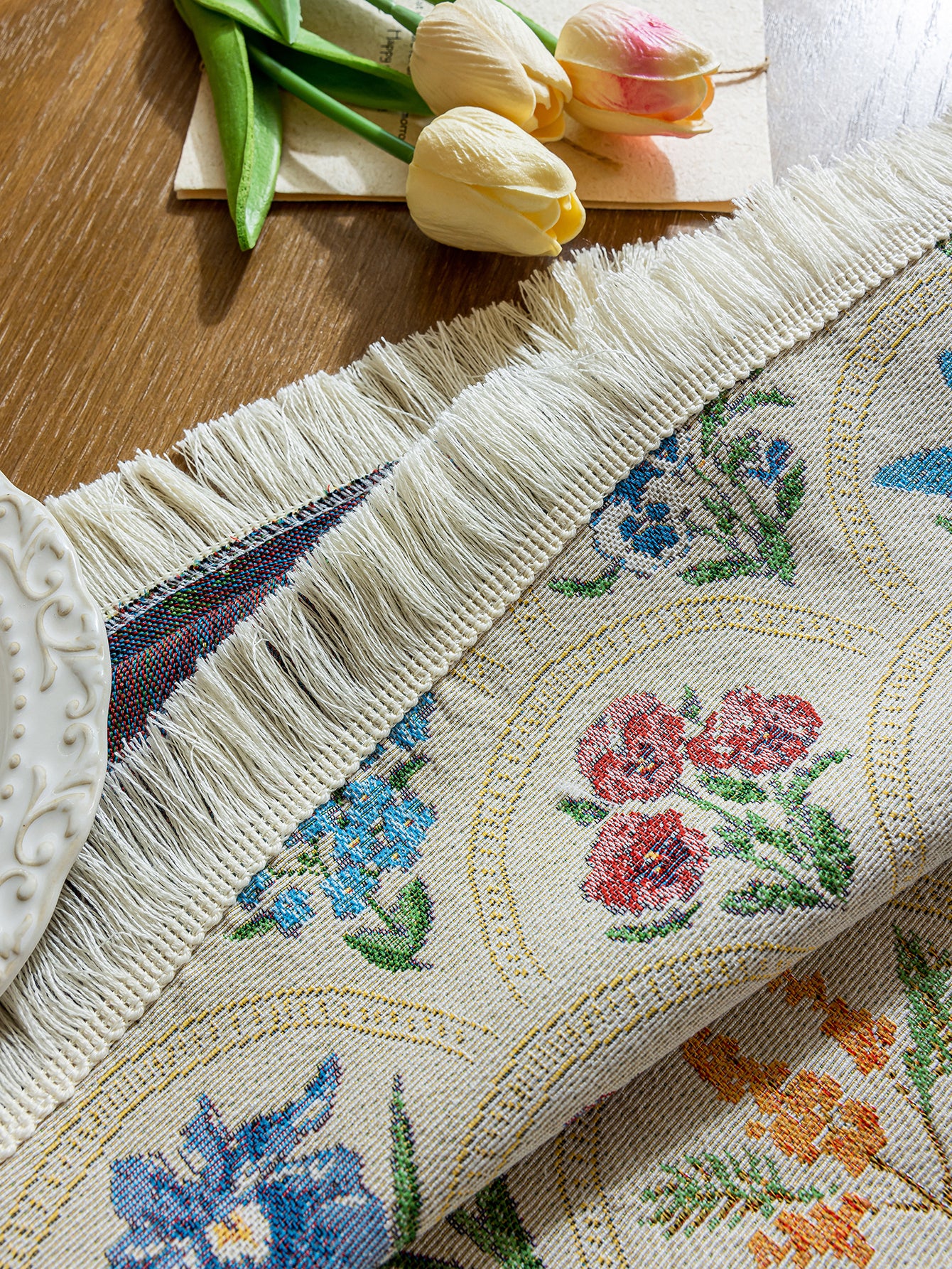 LaLuna Home Round Thousand Blooms Jacquard Tablecloth with Tassels - Beige