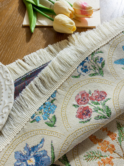 LaLuna Home Round Thousand Blooms Jacquard Tablecloth with Tassels - Beige