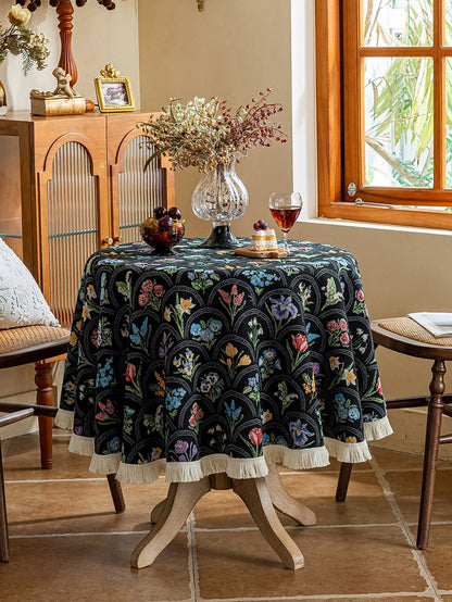 LaLuna Home Round Thousand Blooms Jacquard Tablecloth with Tassels - Black