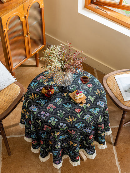 LaLuna Home Round Thousand Blooms Jacquard Tablecloth with Tassels - Black