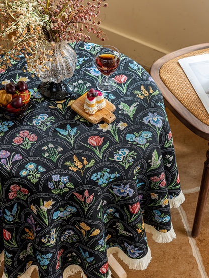 LaLuna Home Round Thousand Blooms Jacquard Tablecloth with Tassels - Black