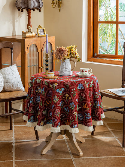 LaLuna Home Round Thousand Blooms Jacquard Tablecloth with Tassels - Red