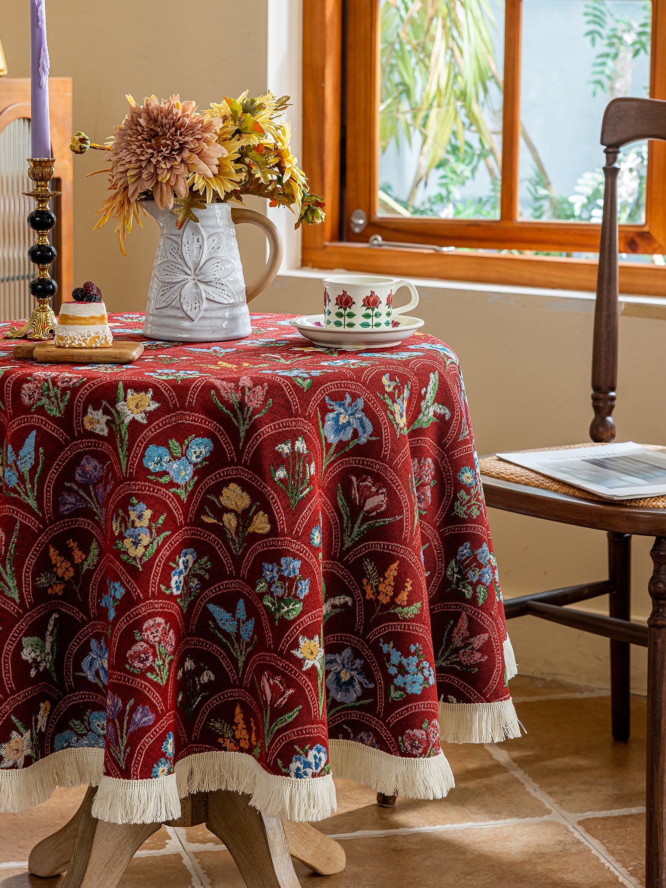 LaLuna Home Round Thousand Blooms Jacquard Tablecloth with Tassels - Red