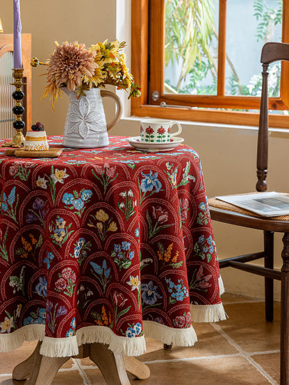 LaLuna Home Round Thousand Blooms Jacquard Tablecloth with Tassels - Red