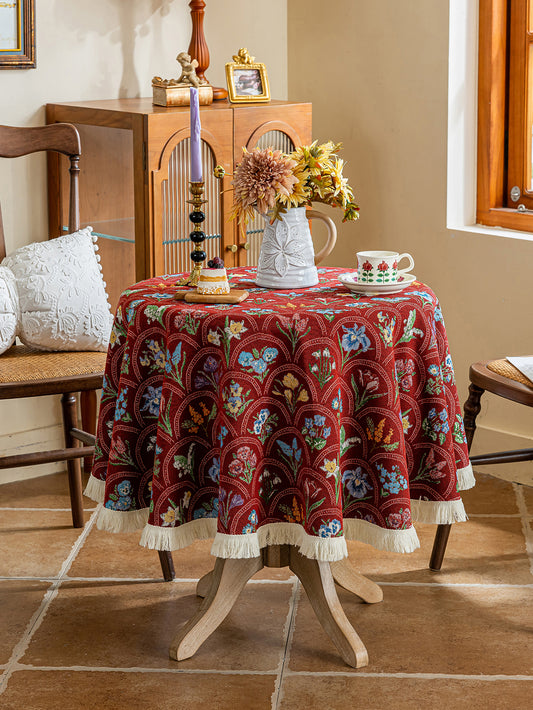 LaLuna Home Round Thousand Blooms Jacquard Tablecloth with Tassels - Red