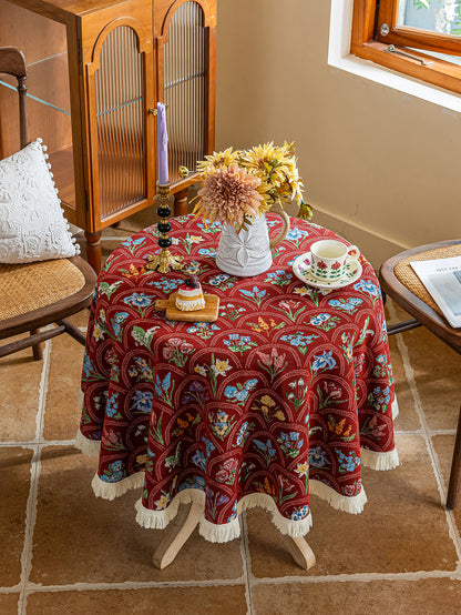LaLuna Home Round Thousand Blooms Jacquard Tablecloth with Tassels - Red
