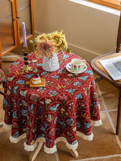 LaLuna Home Round Thousand Blooms Jacquard Tablecloth with Tassels - Red
