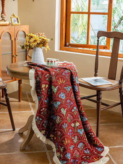 LaLuna Home Round Thousand Blooms Jacquard Tablecloth with Tassels - Red