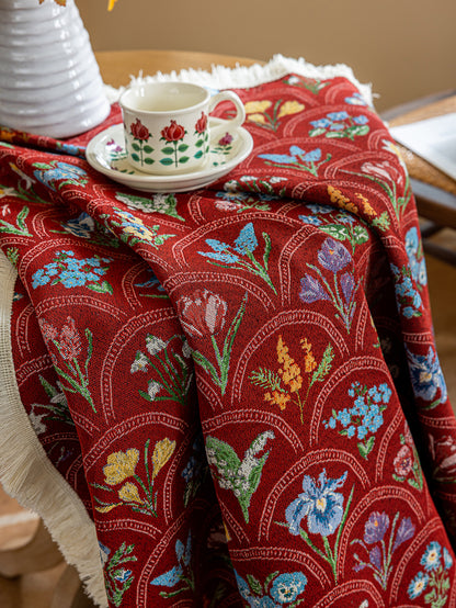 LaLuna Home Round Thousand Blooms Jacquard Tablecloth with Tassels - Red