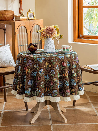 LaLuna Home Round Thousand Blooms Jacquard  Tablecloth with Tassels - Coffee