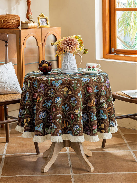 LaLuna Home Round Thousand Blooms Jacquard  Tablecloth with Tassels - Coffee