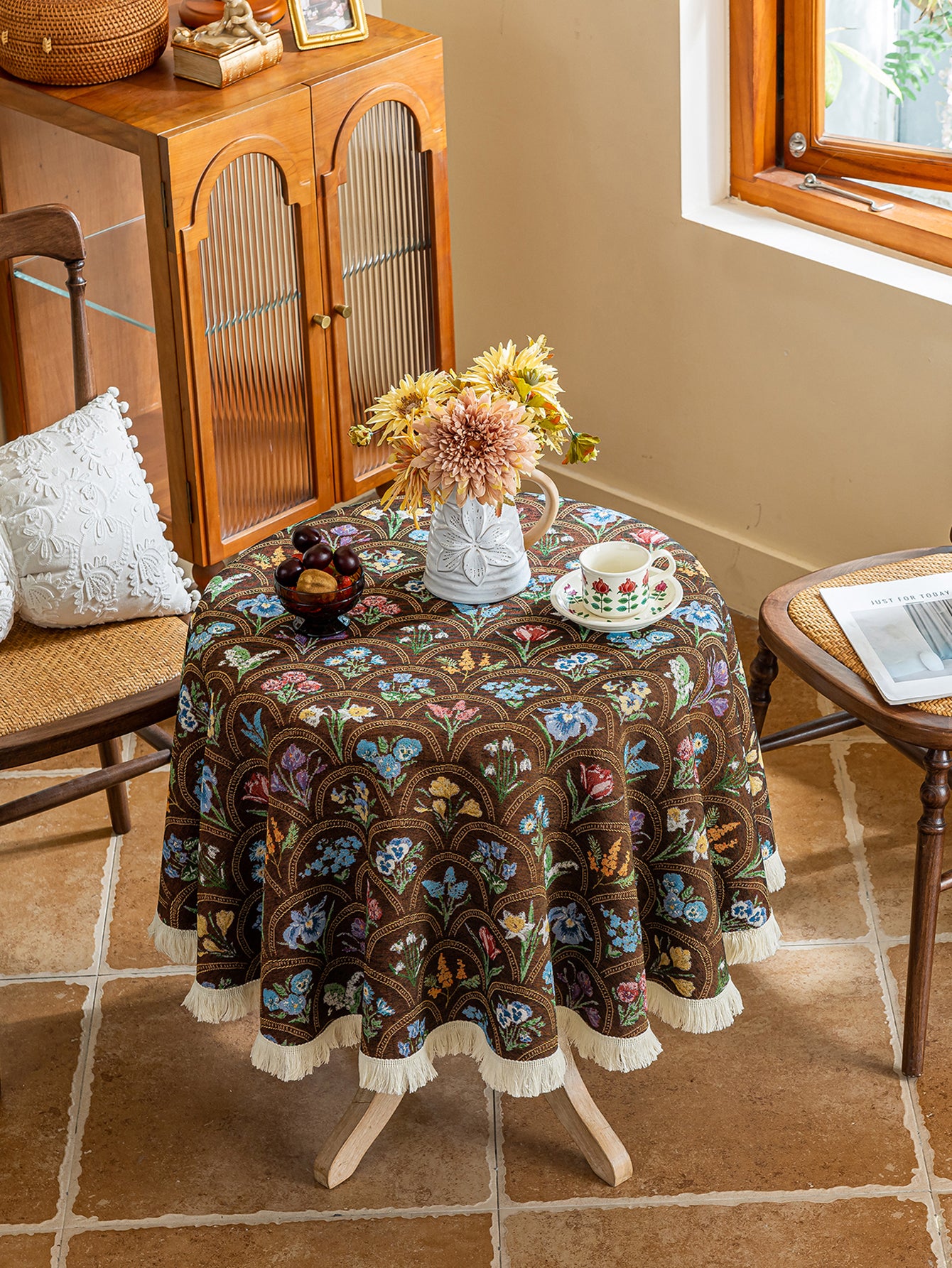 LaLuna Home Round Thousand Blooms Jacquard  Tablecloth with Tassels - Coffee