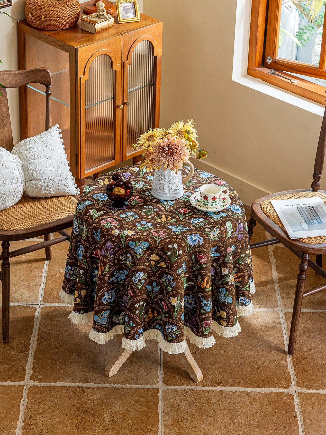 LaLuna Home Round Thousand Blooms Jacquard  Tablecloth with Tassels - Coffee