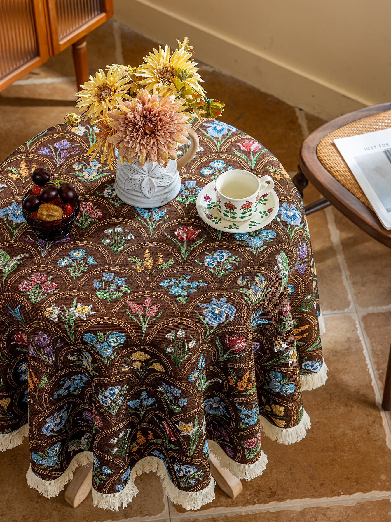 LaLuna Home Round Thousand Blooms Jacquard  Tablecloth with Tassels - Coffee