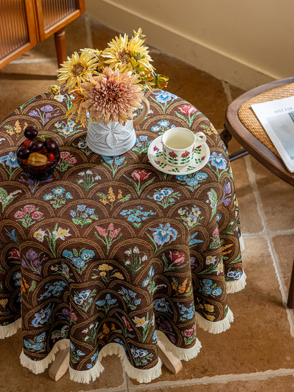 LaLuna Home Round Thousand Blooms Jacquard  Tablecloth with Tassels - Coffee