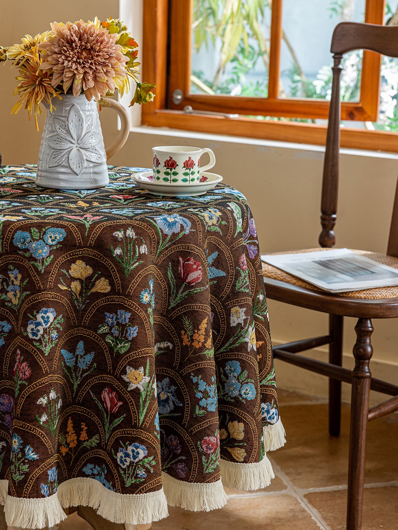 LaLuna Home Round Thousand Blooms Jacquard  Tablecloth with Tassels - Coffee