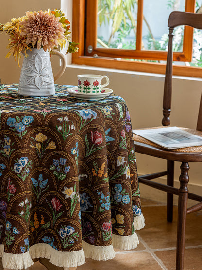 LaLuna Home Round Thousand Blooms Jacquard  Tablecloth with Tassels - Coffee