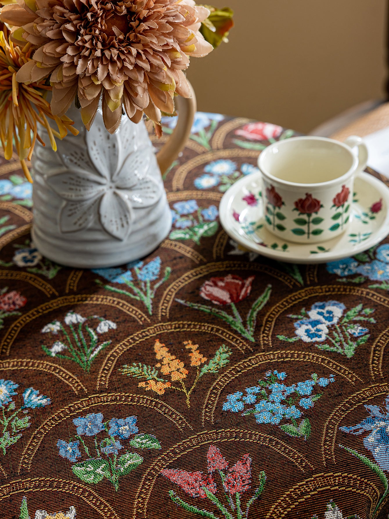 LaLuna Home Round Thousand Blooms Jacquard  Tablecloth with Tassels - Coffee