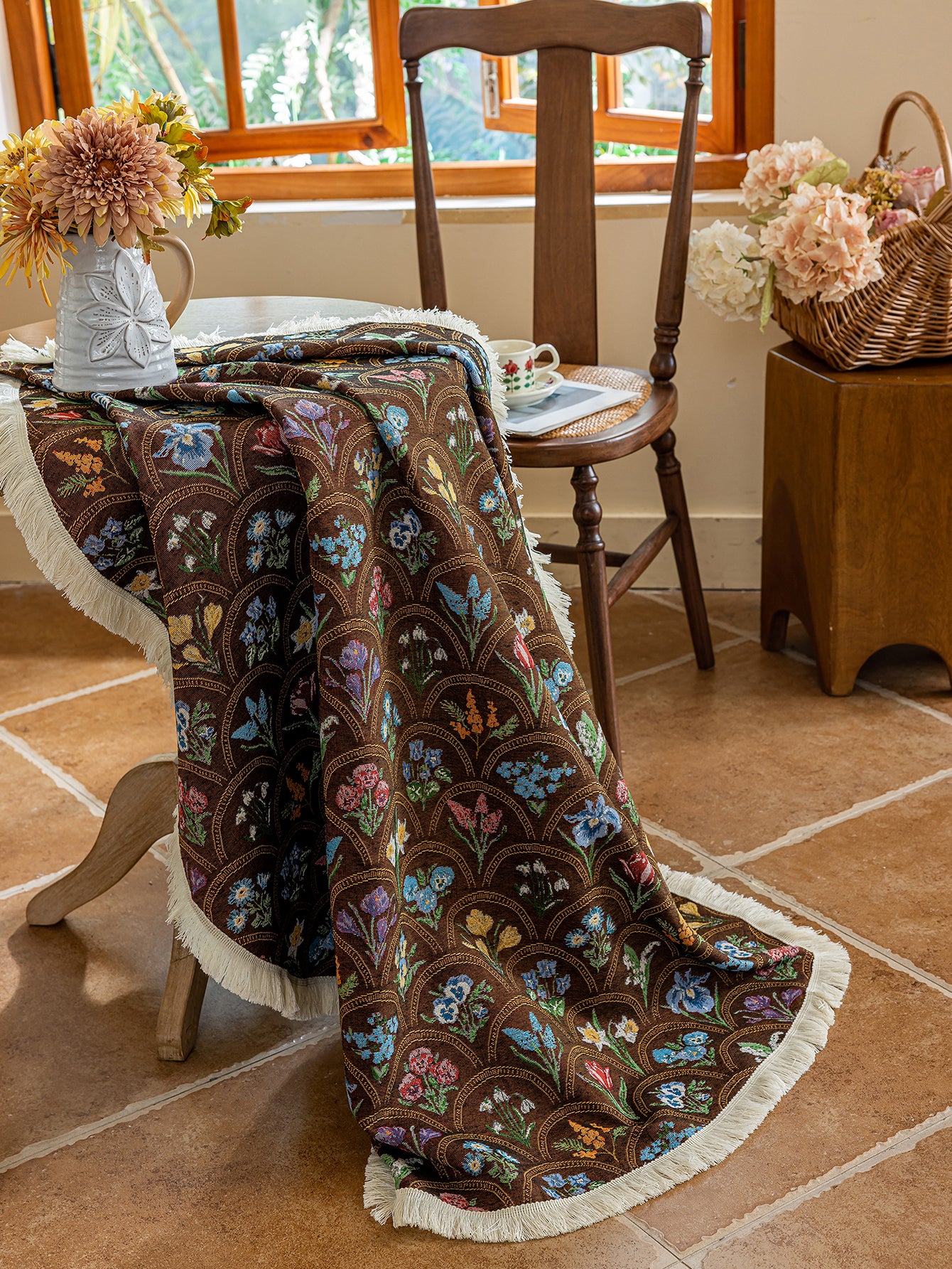 LaLuna Home Round Thousand Blooms Jacquard  Tablecloth with Tassels - Coffee