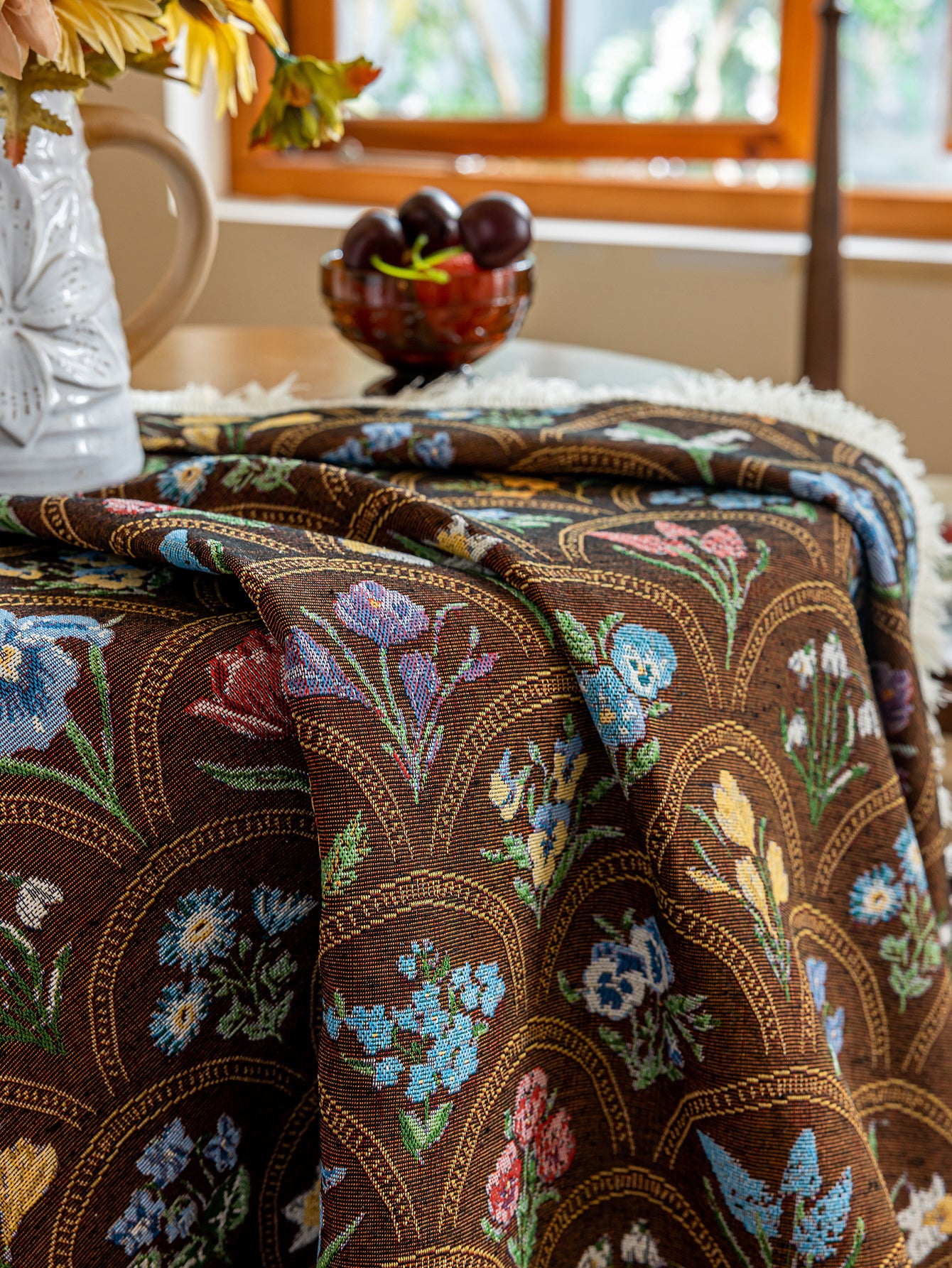 LaLuna Home Round Thousand Blooms Jacquard  Tablecloth with Tassels - Coffee