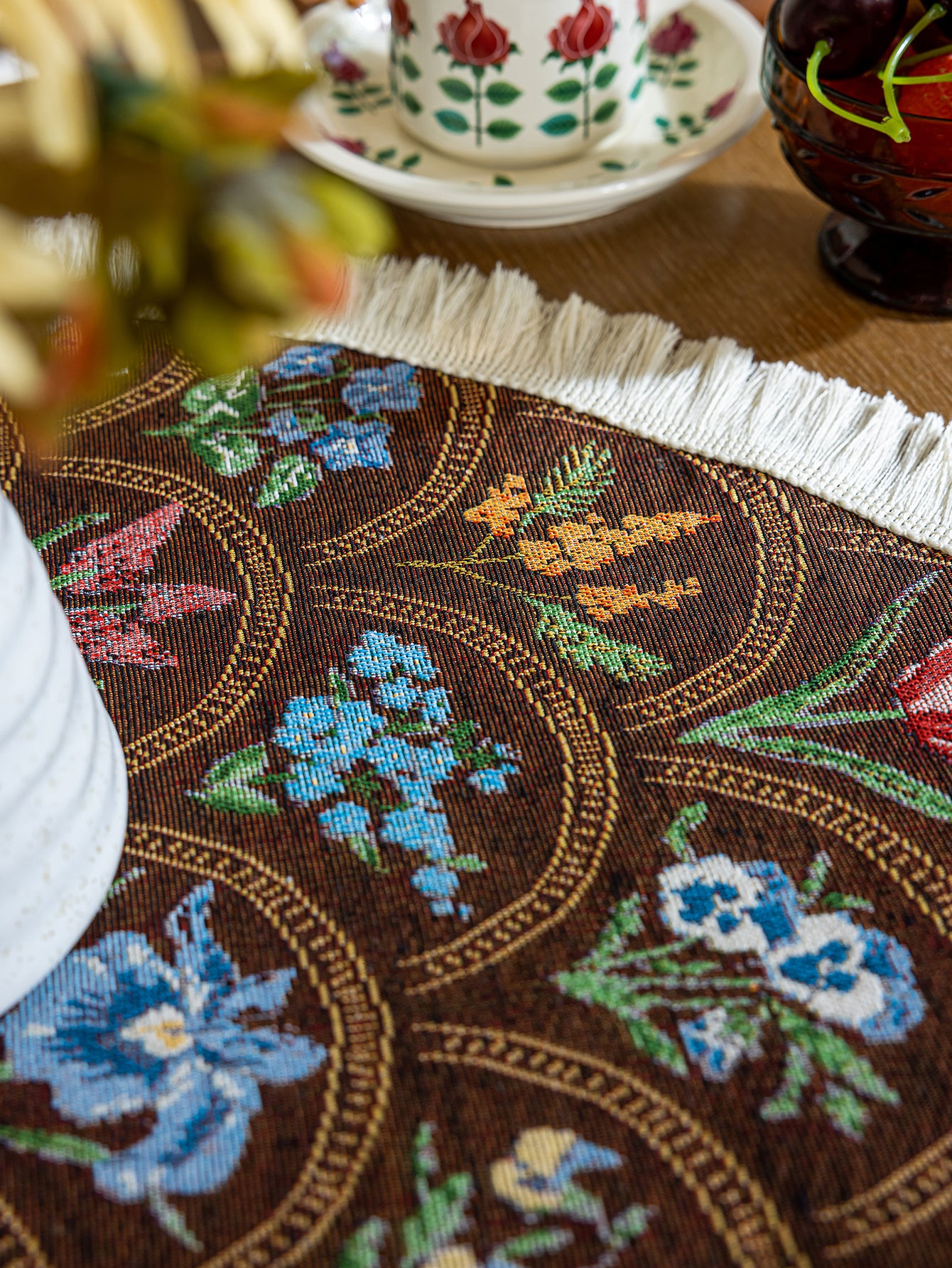 LaLuna Home Round Thousand Blooms Jacquard  Tablecloth with Tassels - Coffee