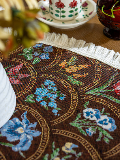 LaLuna Home Round Thousand Blooms Jacquard  Tablecloth with Tassels - Coffee
