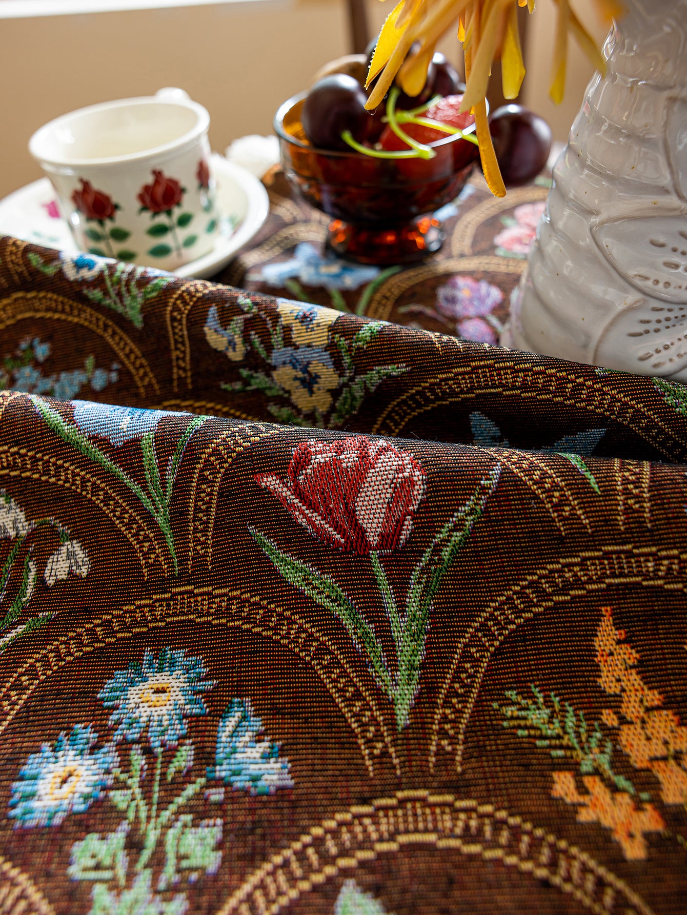 LaLuna Home Round Thousand Blooms Jacquard  Tablecloth with Tassels - Coffee