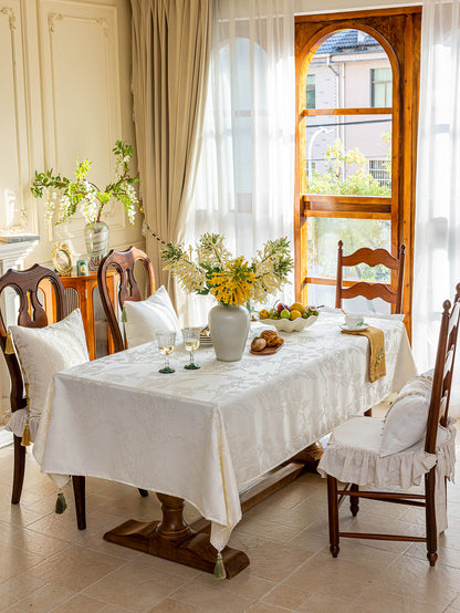Chinoiserie  Magnolia Bloom Jacquard Tablecloth with Tassels