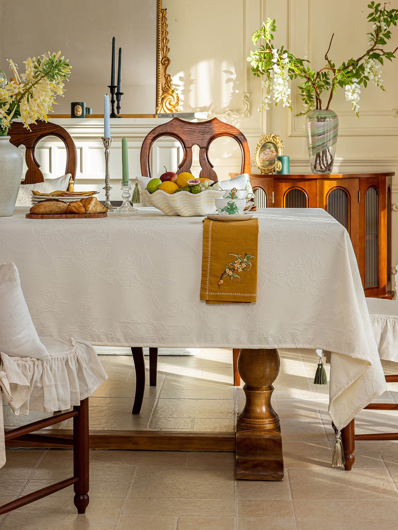 Chinoiserie  Magnolia Bloom Jacquard Tablecloth with Tassels
