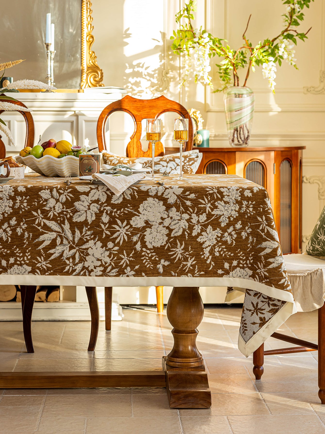 Chinoiserie Vintage Brown Rose Dream Jacquard Tablecloth