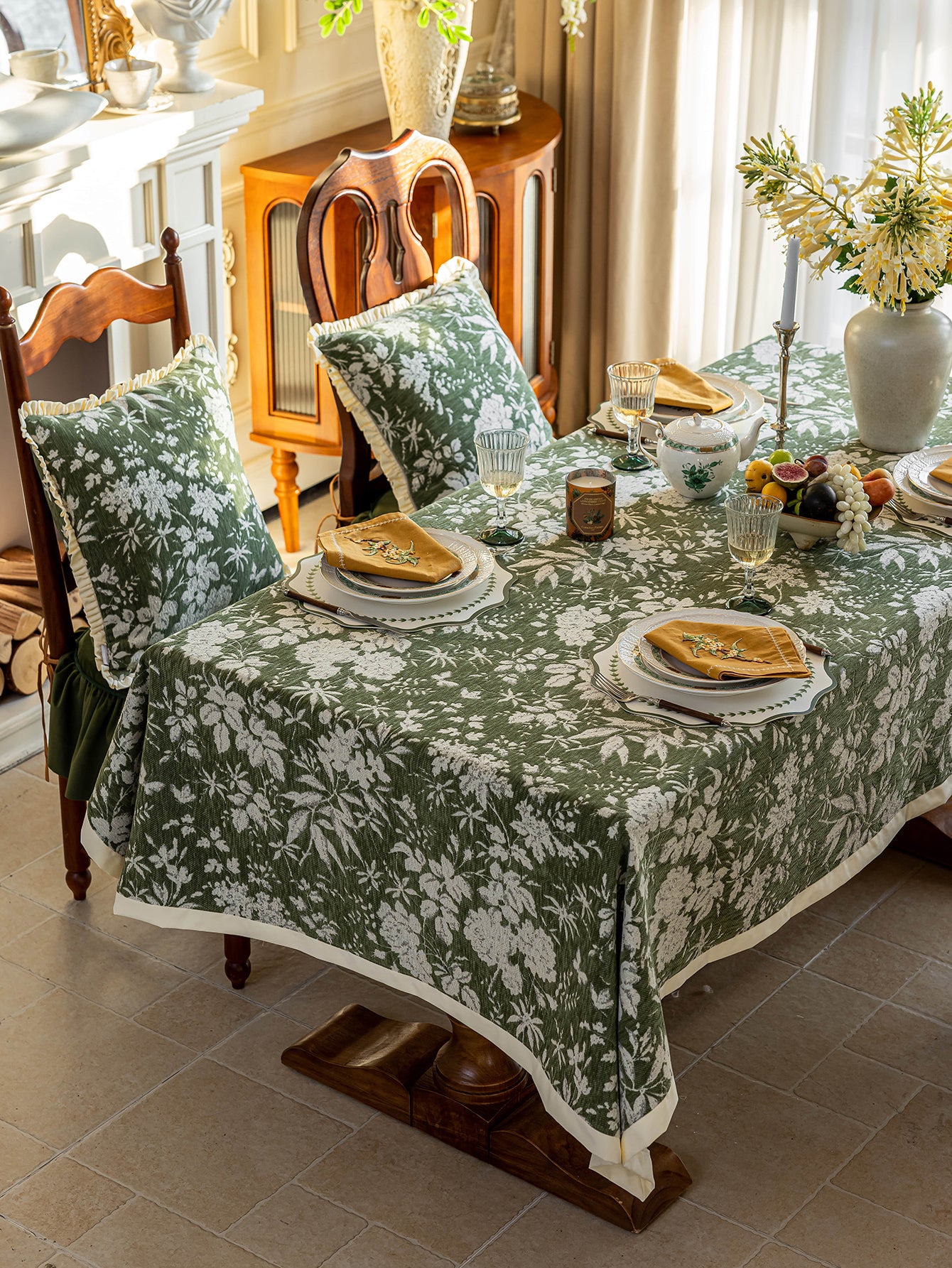 Chinoiserie Vintage Green Rose Dream Jacquard Tablecloth