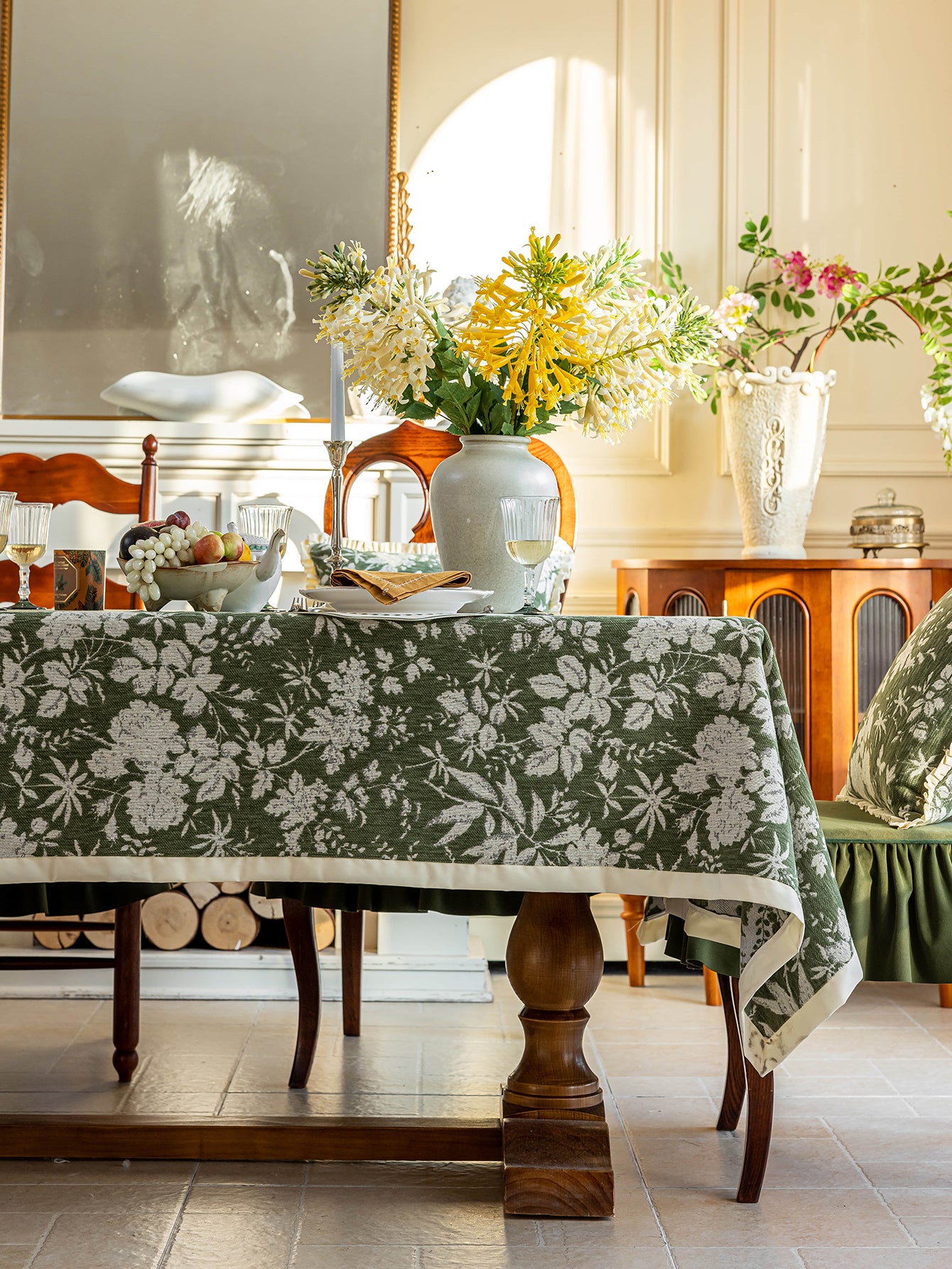 Chinoiserie Vintage Green Rose Dream Jacquard Tablecloth