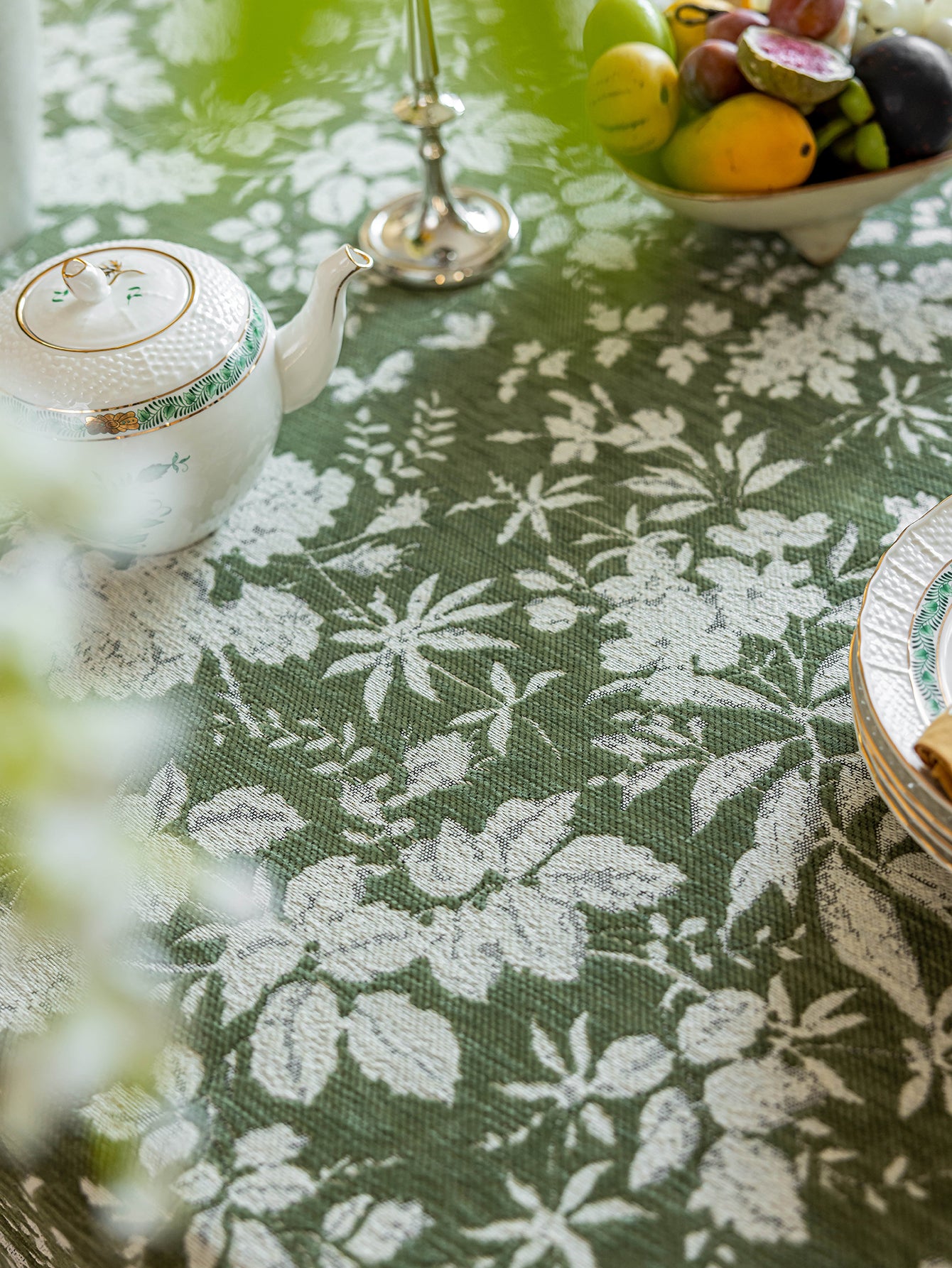 Chinoiserie Vintage Green Rose Dream Jacquard Tablecloth