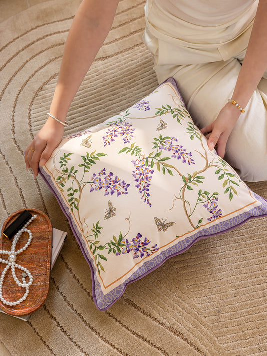 Chinoiserie Purple Wisteria Floral Pattern Throw Pillow