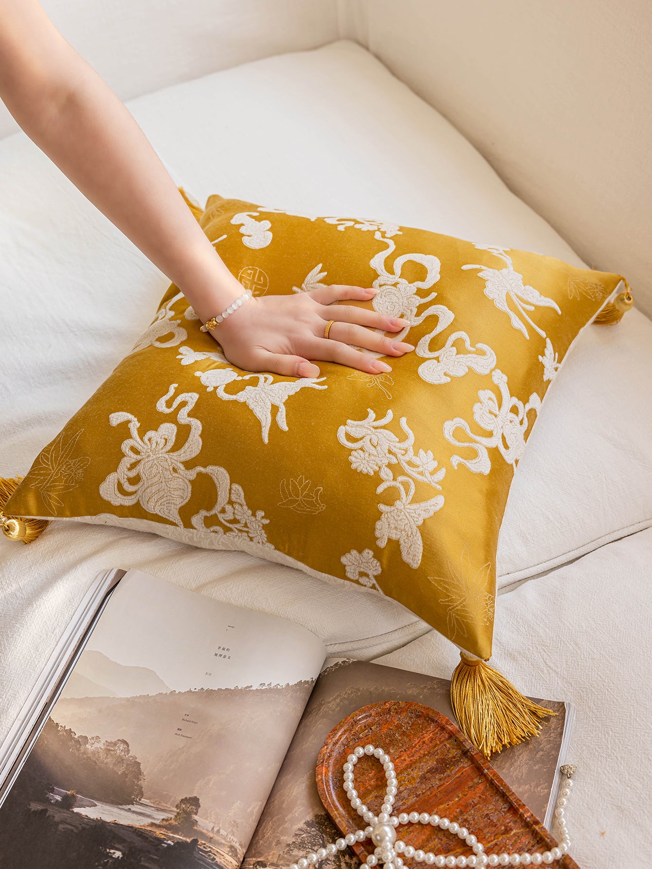 Chinoiserie Fulu Mantang Golden Jacquard Throw Pillow
