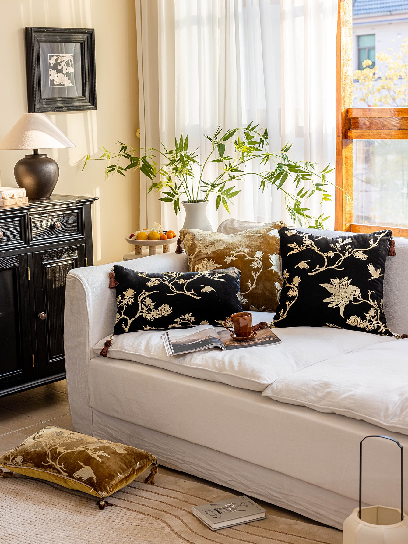 Chinoiserie Black Gilding Floral Branches Throw Pillow with Tassels