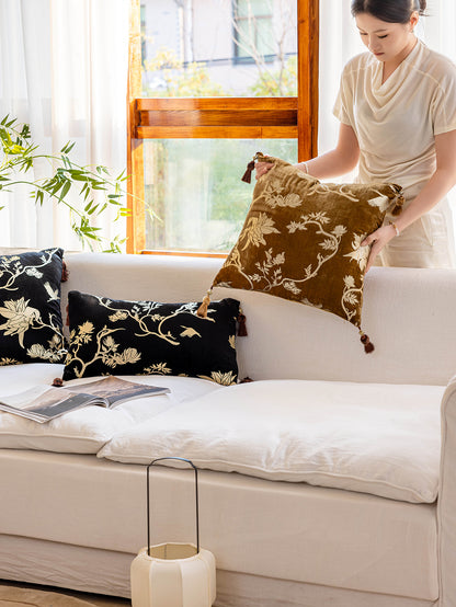 Chinoiserie Gilding Floral Branches Throw Pillow with Tassels