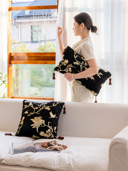 Chinoiserie Black Gilding Floral Branches Throw Pillow with Tassels
