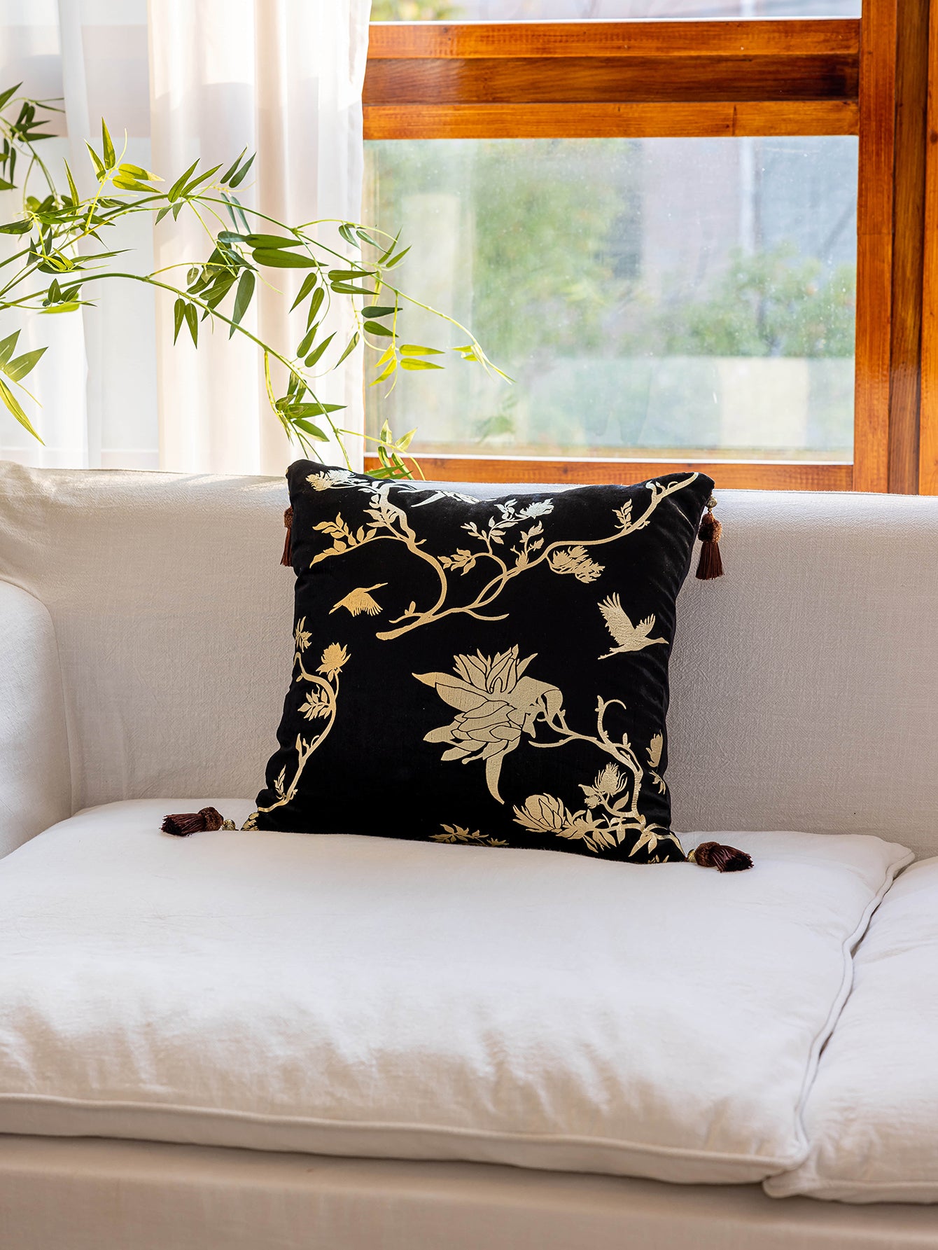 Chinoiserie Black Gilding Floral Branches Throw Pillow with Tassels